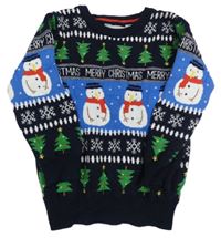 Tmavomodro-modrý sveter so stromky a sněhuláky Primark