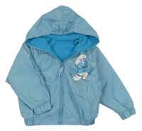 Svetlomodrá šušťáková jarná bunda so Šmoulou a kapucňou