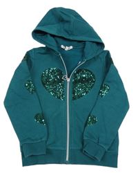 Smaragdová propínací mikina s flitry a kapucí 