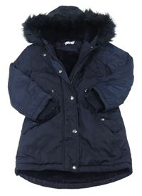 Tmavomodrá šusťáková zimní parka s odepínací kapucí a kožešinou Bluezoo