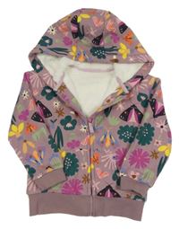 Pudrově fialová květovaná propínací zateplená mikina s kapucí Nutmeg