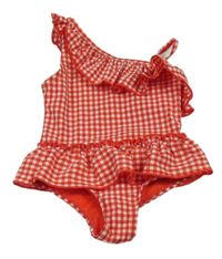 Červeno-bílé kostkované jednodílné plavky s volánkem 