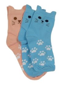 Nové - 2x ponožky s mačkou a tlapkami - modré + lososové vel. 31-36