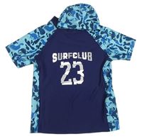 2set - Tmavomodro-modré UV tričko s dinosaury + koupací čepice