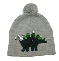 Šedá pletená čepice s dinosaurem z flitrů