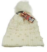 Nové - Smetanová vzorovaná pletená zateplená čepice s perlami a bambulí