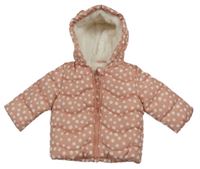 Světlerůžová šusťáková prošívaná zimní bunda s puntíky a kapucí F&F
