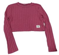 Ružovo-sivý melírovaný rebrovaný crop sveter