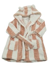 Starorůžovo-biely pruhovaný plyšový župan s kapucňou s uškami Tu