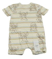 Nové - smetanovo-modro-hnedý pruhovaný kraťasový overal so Stitchem George