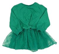 Zelené teplákovo/organzové šaty s kvetmi a překřížením St. Bernard