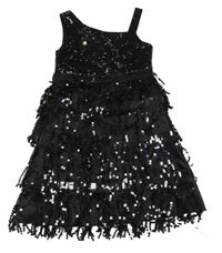 Černé saténovo/tylové asymetrické šaty s třásněmi s flitry a 3D květem relibeauty