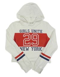 Bielo-červená crop mikina s číslom a nápismi a pruhmi a kapucňou H&M