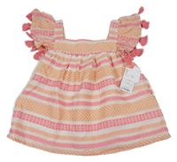 Nové - bílo-růžovo-světleoranžová vzorovaná crop halenka s volánky se střapci SHABBY CHIC
