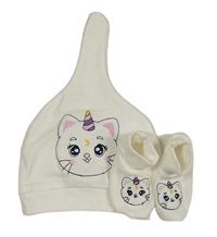 2set - Bílá bavlněná čepice s kočkou + capáčky