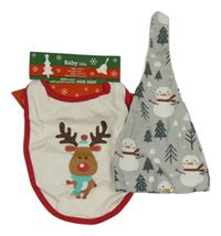 2set - Světlešedá bavlněná čepice se sněhuláky + smetanový slinták se sobem