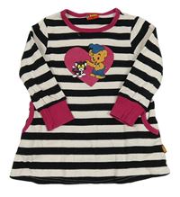 Čierno-biela pruhovaná šatová tunika s medvěďom a mačkou Lindex