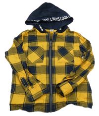 Hořčicovo-tmavomodrá kockovaná košeľa s kapucňou Dopodopo