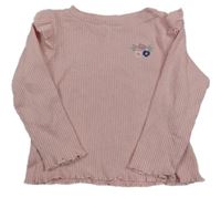 Růžové žebrované úpletové triko s výšivkami květin a volánky