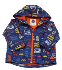 Tmavomodrá šušťáková jarná bunda s autobusmi a kapucňou Mothercare