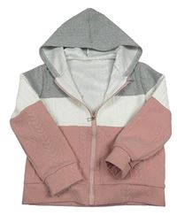 Šedo-bílo-starorůžová vzorovaná propínací mikina s kapucí