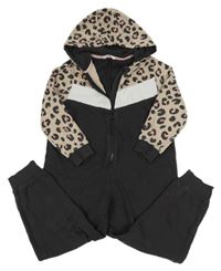Antracitovo-béžovo-biela tepláková kombinéza s leopardím vzorom a kapucňou M&S