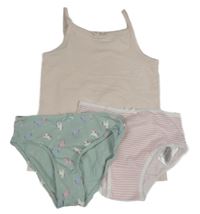 3set - Světlerůžová košilka + růžovo-bílé pruhované kalhotky + světlezelené s jednorožcami