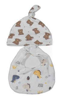 2set - Smetanová bavlněná čepice s medvědy + bílý slinták s dinosaury