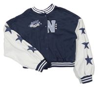 Tmavomodro-biela baseballová crop mikina s písmenem a nápisom H&M