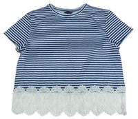 Modro-biele pruhované ľahké crop tričko s čipkou M&Co.