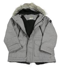 Šedá melírovaná šusťáková zimní bunda s kapucí s kožešinou Primark