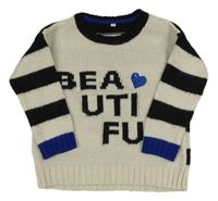 Smetnaovo-čierny vlnený sveter s nápisom a pruhovanymi rukávy M&S