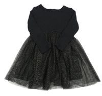 Černé žebrované šaty s tylovou sukní Dunnes