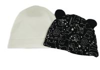 2set - 2x čepice - bílá žebrovaná + čierna so zvieratkami
