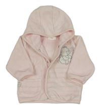 Světlerůžovo-bílá sametová propínací mikina s medvídkem a kapucí 