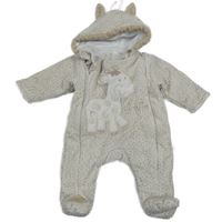 Béžovo-biela zamatová zateplená kombinéza s fleky a žirafou a kapucňou zn.