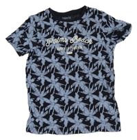 Tmavomodro-svetlomodré tričko s palmami a nápisom Pepperts