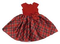 Červeno-tmavozelené šaty s kostkovanou sukní a mašlou H&M