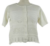 Dámsky biely ažurový prepínaci crop sveter s krátkymi rukávy