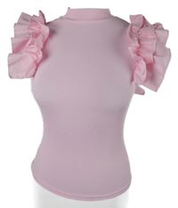 Dámský světlerůžový žebrovaný crop top s volánky Shein 