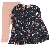 2set- tmavomodré kvetinové bavlnené šaty+ ružové legíny F&F