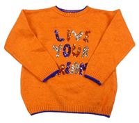 Oranžový sveter s nápisem z flitrů M&Co.