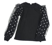 Čierne rebrované tričko s bodkami Shein