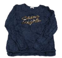 Tmavomodrý chlpatý sveter s nápisem z flitrů H&M