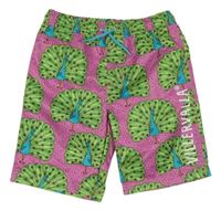 Ružové plážové kraťasy s pávy