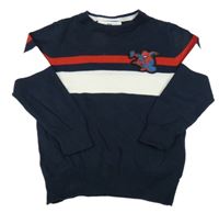 Tmavomodro-bielo-červený pruhovaný sveter so Spidermanem C&A