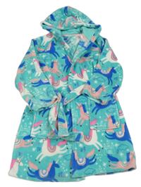 Tyrkysový chlpatý župan s jednorožcami a kapucňou George