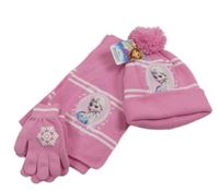 Nové - 3Set - Růžová pletená čepice s Elsou a bílými pruhy + bambulí + šála + prstové rukavice Disney