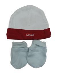 2set- bílo-červená čepice s logem Levis+ světlemodré rukavice