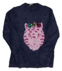 Tmavomodrý chlpatý sveter s tigrom Du Pareil